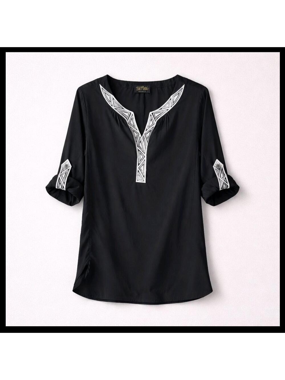 Bob Mackie Wearable Art NWT Women's  Black Geometric Embroidered Tunic Blouse 1X